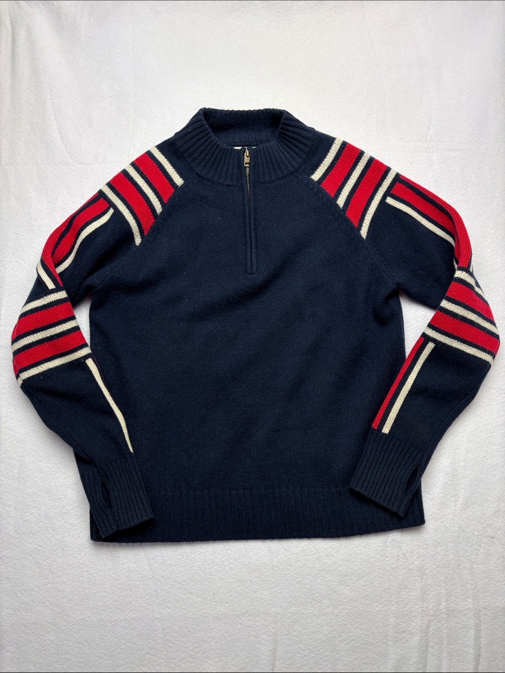 Alps & Meters women's XL slalom wool cashmere Sweater Red Cream Sleeve Stripes